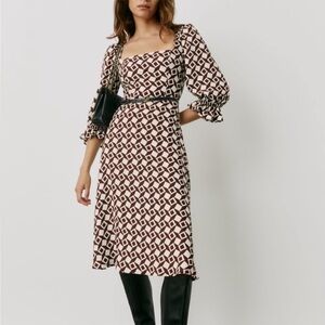 Reformation Enid Dress Brown & White Midi Dress Size 0 NWT